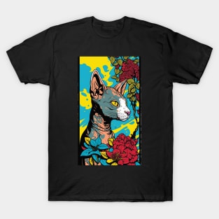 Sphynx Cat Vibrant Tropical Flower Tall Retro Vintage Digital Pop Art Portrait T-Shirt